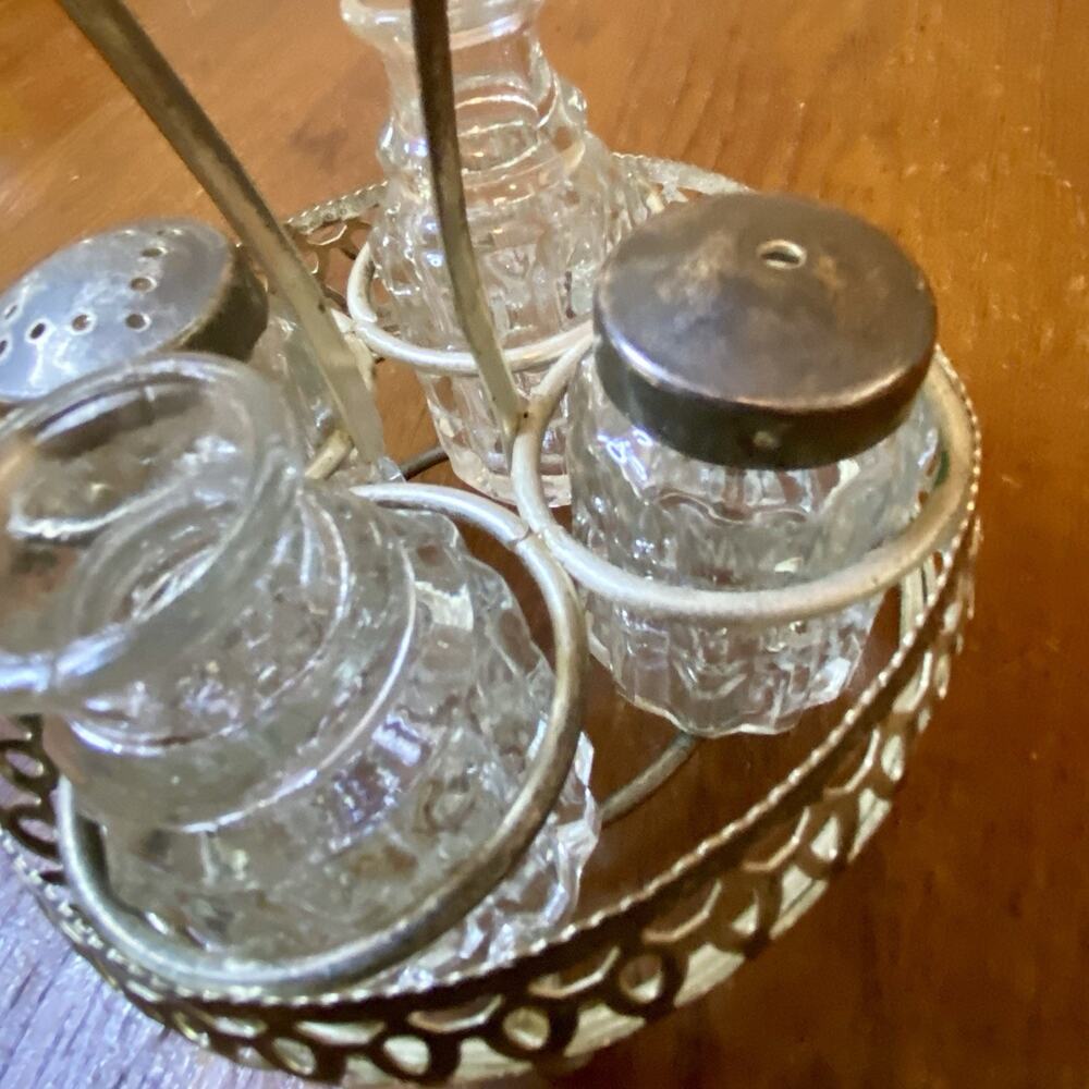 Vintage Raimond Glass Cruets and Salt /Pepper Shakers In Metal Holder - Picture 2 of 6